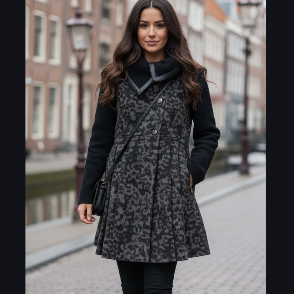 Guess Wool Leopard Print Coat Fit Flare Swing High Collar Leather Trim Small